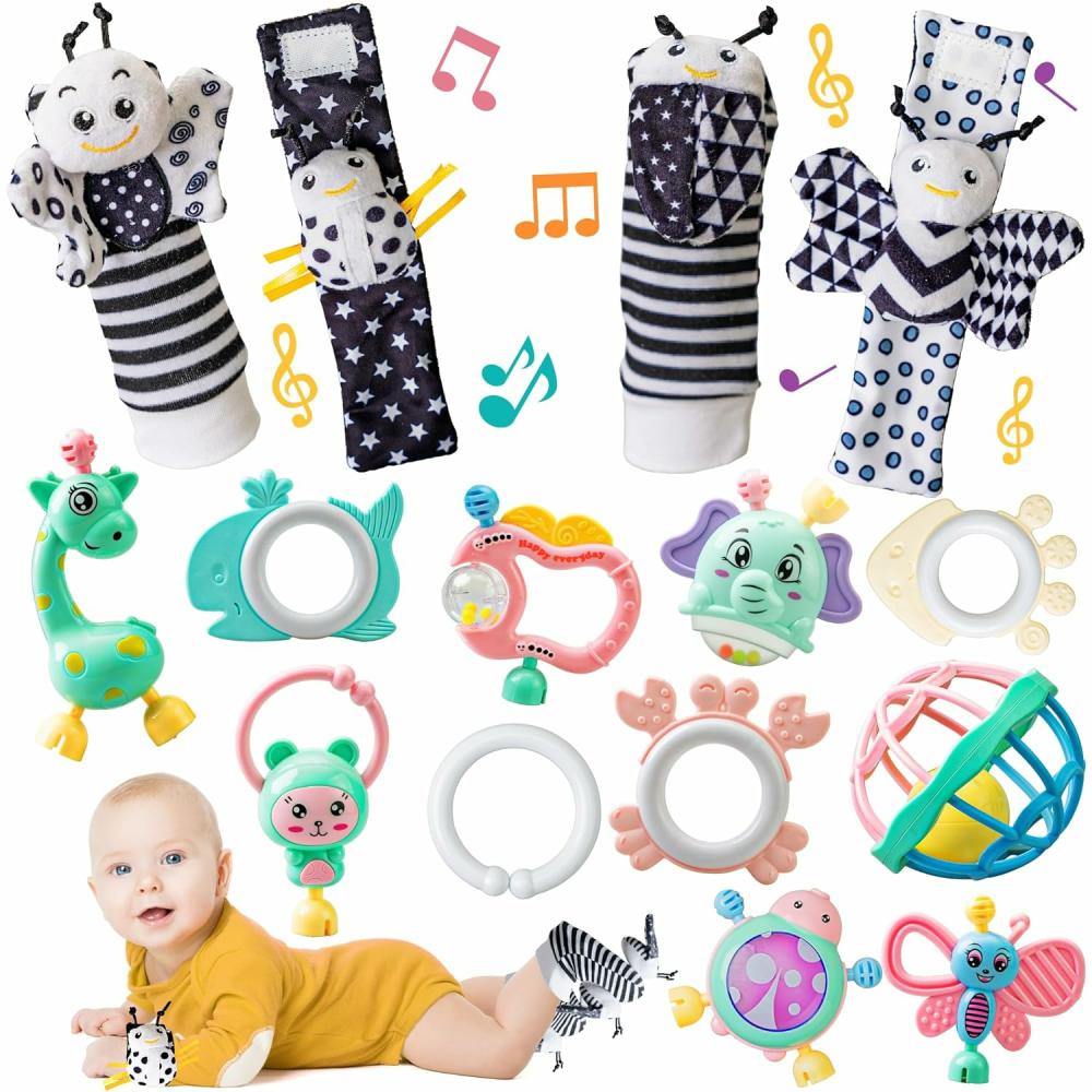 Rattles & Plush Rings | 15Pcs Bébicsuklyó és lábfelfedező zoknik, Újszülött kéz- és lábcsillangok/tejgyökérzés játékcsomag babáknak, Oktatási fejlesztési csecsemőjátékok, 0-12 hónapos gyermekajándék zoknik… Rattles & Plush Rings Rattles & Plush Rings