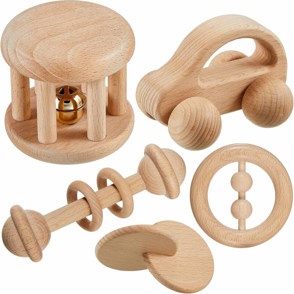 Rattles & Plush Rings | 5 darab fa babajáték, fa babajátékok 0-6-12 hónapos babák számára, fa csengőbábuk, zöngésekkel, Montessori fa babakocsi, fa újszülött játék, fiúknak és lányoknak ajándékul Rattles & Plush Rings barna