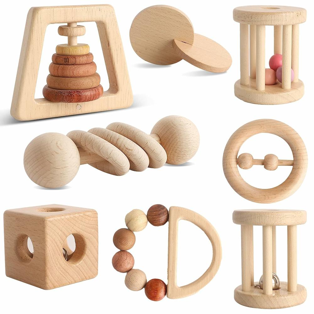 Rattles & Plush Rings | Fa babajáték 8 db-os, Montessori játékok babáknak 1-3 éves korúaknak, fa zúgó játékkészlet baba fogására, érzékszervi fejlődéshez, ajándék babáknak fiúknak és lányoknak (természetes fa) Rattles & Plush Rings Fa