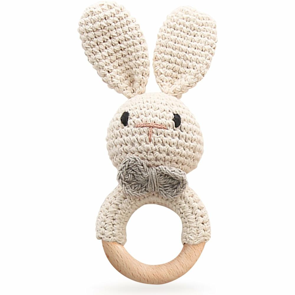 Rattles & Plush Rings | Fa babakacagó, kézzel hímzett bárány kacagó, fa rágógyűrűvel, szürke nyúl, újszülött játék, organikus kacagó, babaköszöntő ötletek, díszletek Rattles & Plush Rings Bunny