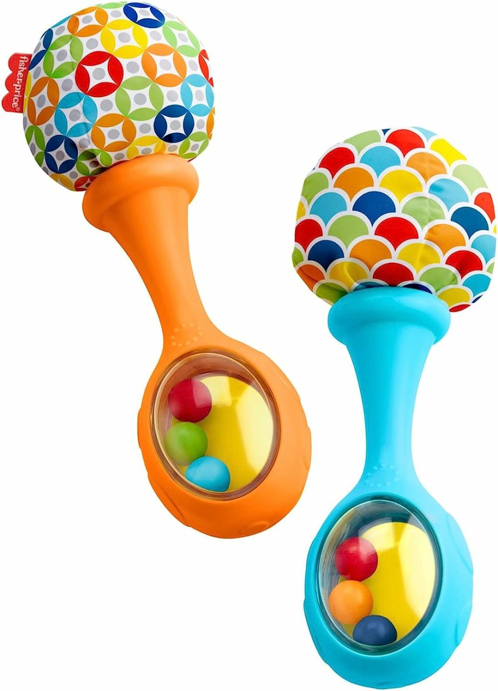 Rattles & Plush Rings | Fisher-Price újszülött játékok Zsibbadás és rezgés Maracas 2 db puha zenei eszköz 3+ hónapos babáknak Kék és narancs Rattles & Plush Rings Multicolor