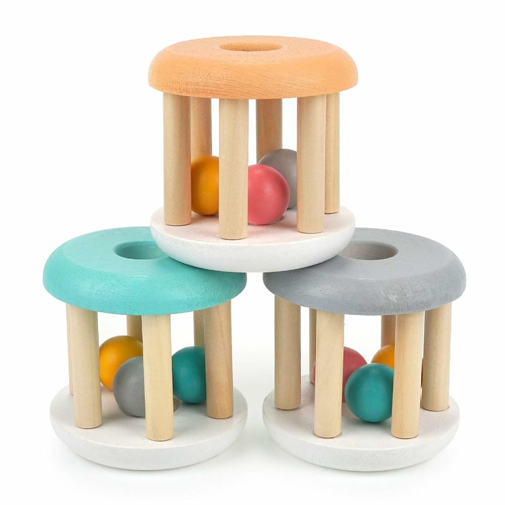 Rattles & Plush Rings | Montessori babajátékok – Természetes fából készült gördülő csengőjáték babáknak 0M – 2Yrs korosztályhoz (Fehér alj – 3 db) Rattles & Plush Rings Fehér Alap