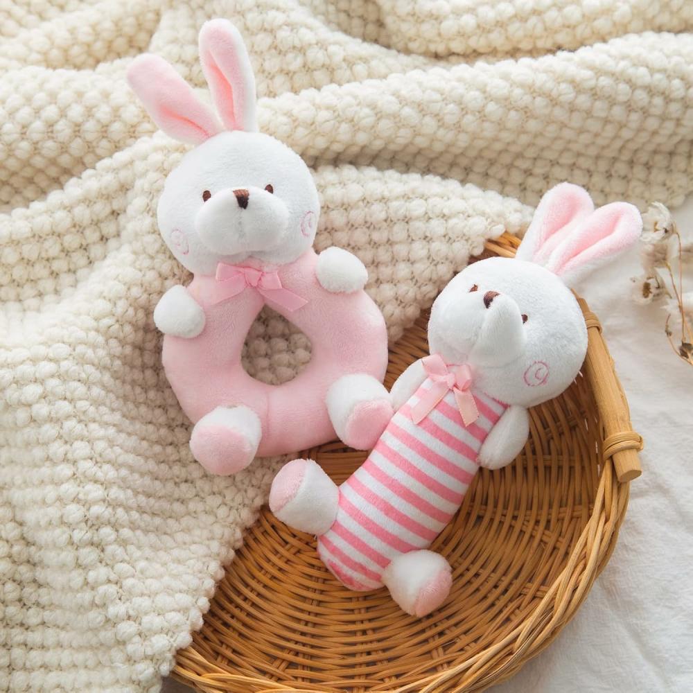 Rattles & Plush Rings | Plush Baby Soft Rattle Toys – Pink Bunny Baby Rattles For Infants, Baby First Stuffed Animal Plush Rattle Shaker Set For Newborns, Soft Ring Rattle Sensory Toys For Infant Boys Girls, Shower Gifts, 2 Pcs Rattles & Plush Rings Pink Bunny - Rózsaszín nyuszi