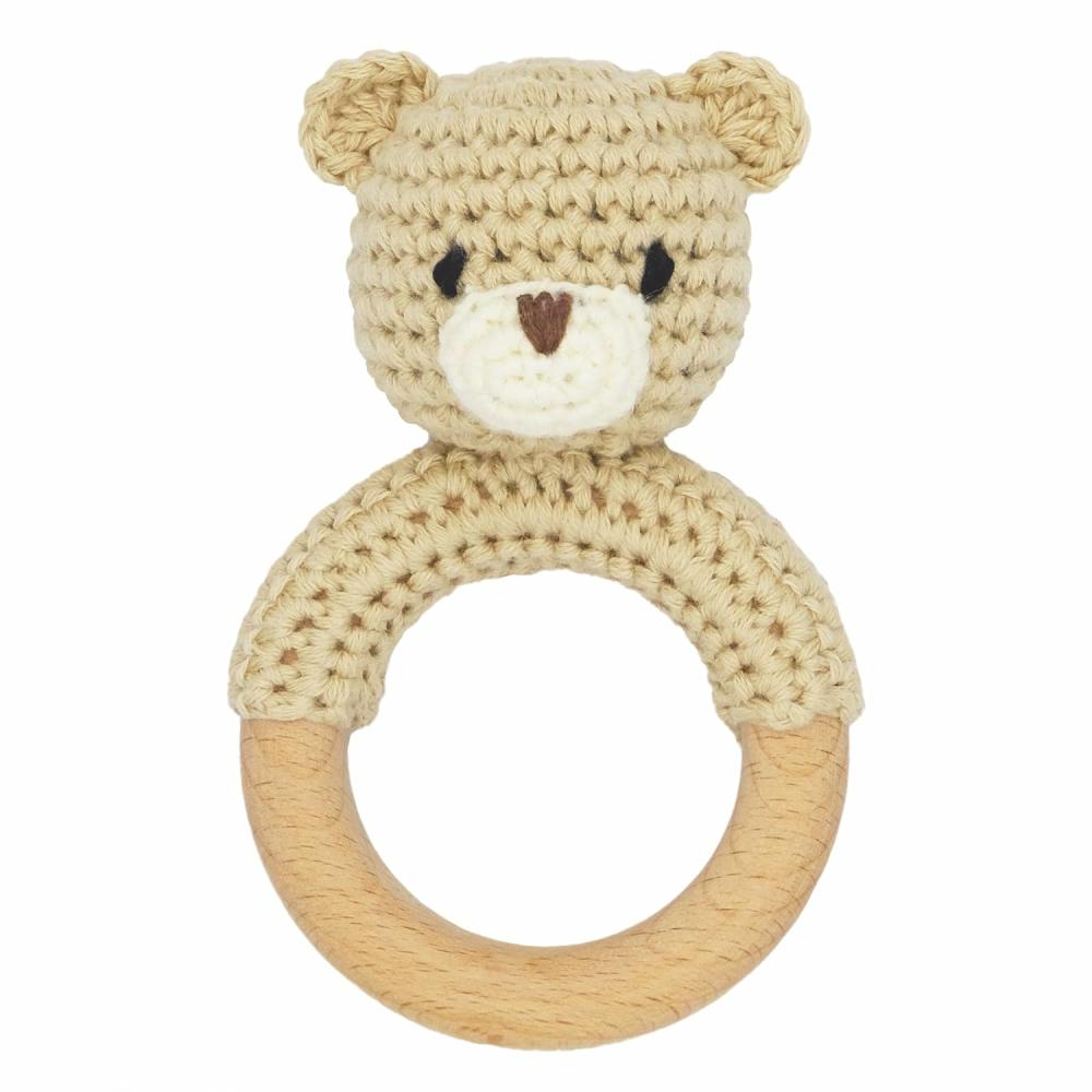 Rattles & Plush Rings | Safari állatok fa babakacagó játékok, melegágyos szőtt kacagó, fogazógyűrűvel, újszülötteknek, szürke medve Rattles & Plush Rings Bármeleg