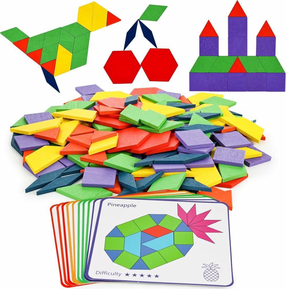 Rendezés és rakás játékok | 150Pcs fa minta blokkok, geometriai alakú blokkok, tangram játékok minta blokkok kártyákkal, gyerekek oktatási tangram játékokhoz Rendezés és rakás játékok Rendezés és rakás játékok