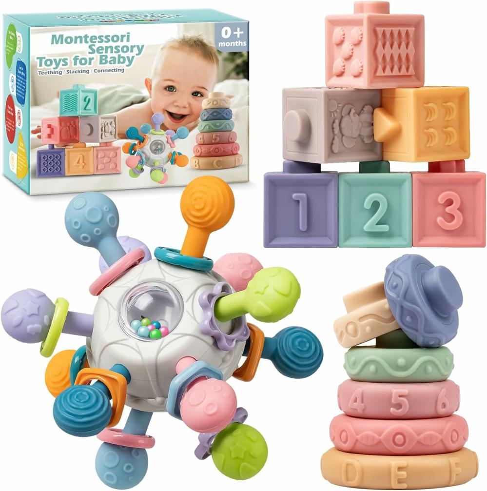 Rendezés és rakás játékok | Baba Sensory Fogszerelgető Játékkészlet Montessori Bábjátékok 6-12 Hónapra Újszülött Zsibbadó Fogszerelgető & Bábjátékok & puha sorolható körök Ideális Bábjátékfiúk és lányok ajándékai 0-3-6-9-12-18 hónapos babák számára Rendezés és rakás játékok Multicolor