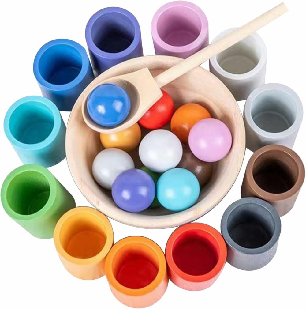 Rendezés és rakás játékok | Rainbow Balls In Cups – Bambusz Montessori Játékok 1 Éveseknek és Földszinti Gyerekeknek Számolás és Színek Rendezése Tanulásához Rendezés és rakás játékok Rendezés és rakás játékok